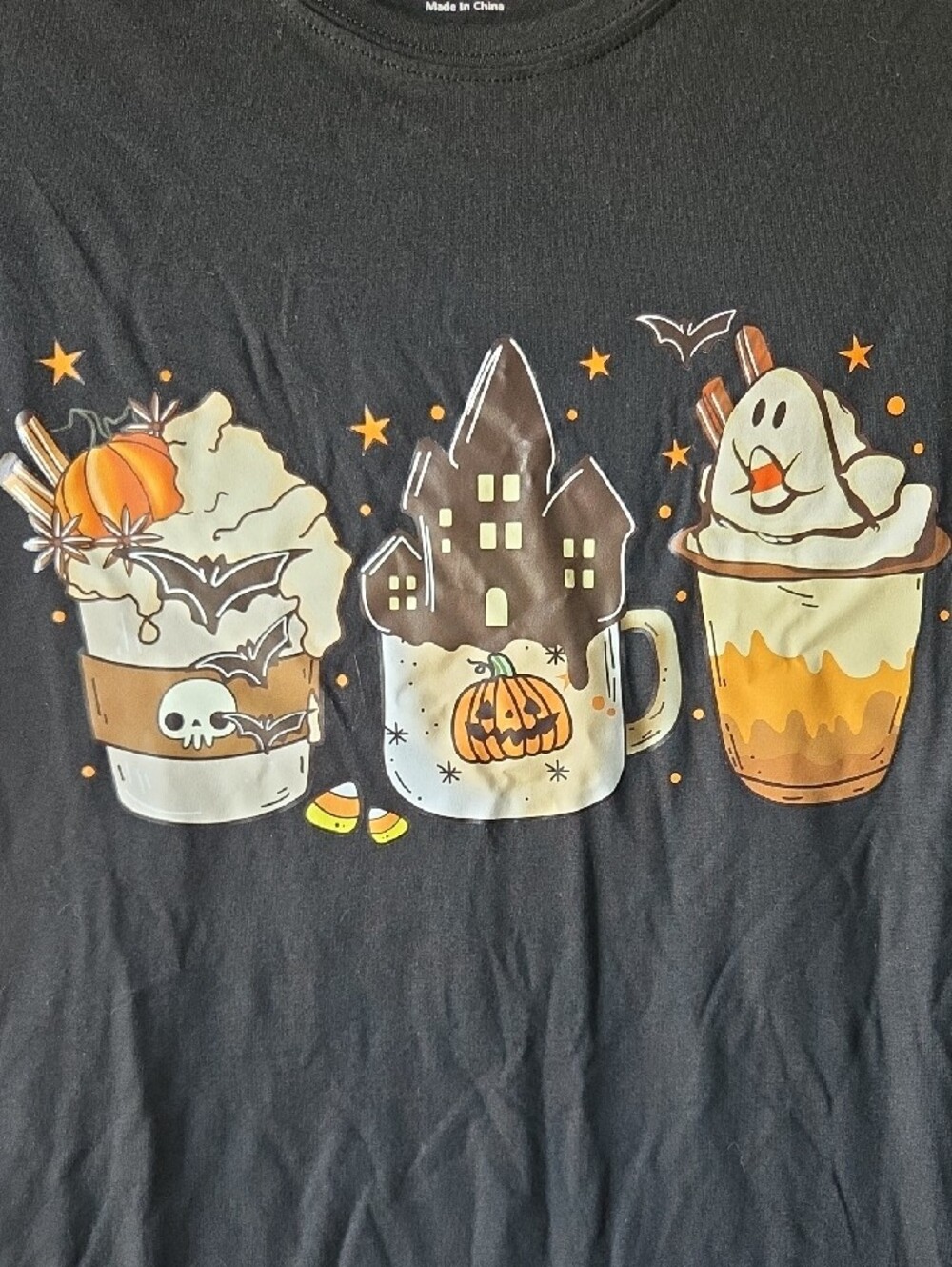 Black Halloween Beverage Graphic Tee with Orange & Cream Accents